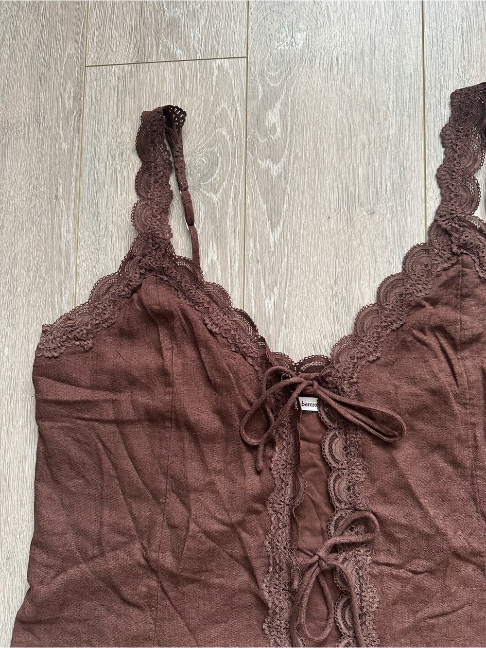 Abercrombie & Fitch Lace Trim Tie Front Top Tank Linen Blend Brown Sz XL NWT New - Picture 4 of 12